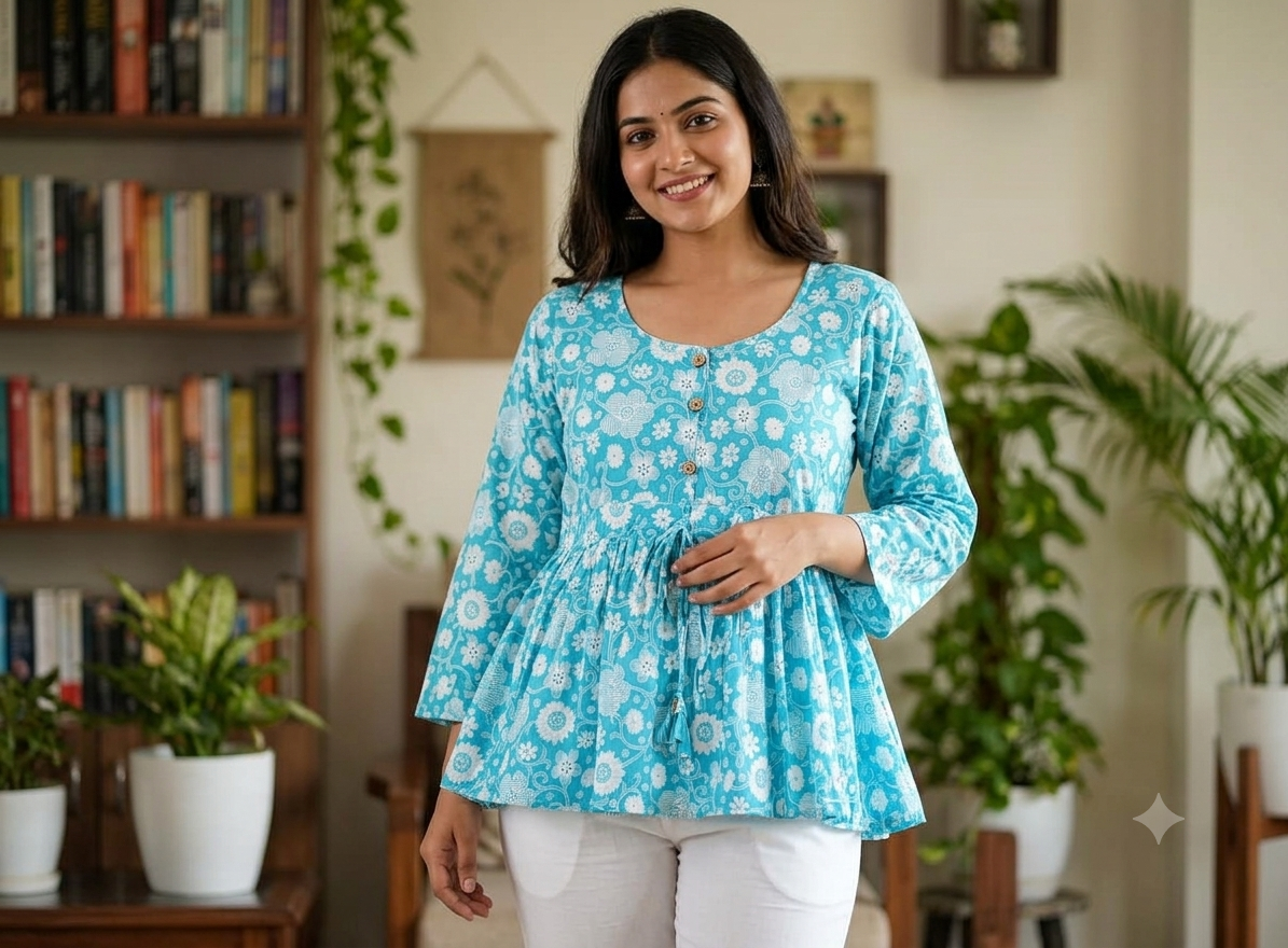 Trending Floral Print Cotton Short Peplum Kurti – Casual Flared Tunic with Wooden Buttons & Adjustable Waist Drawstring