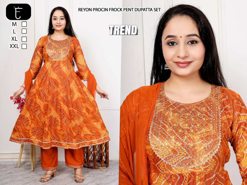 Premium Rayon Slub Procin Printed Frock Ethnic Combo Set 3pc