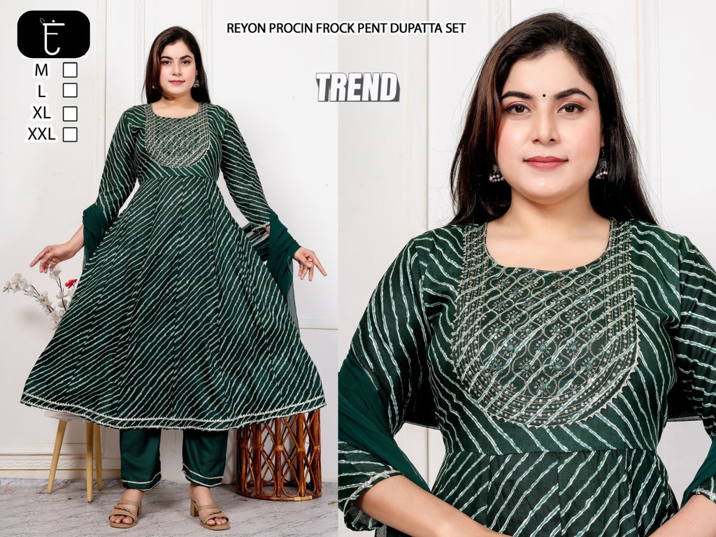 Premium Rayon Slub Procin Printed Frock Ethnic Combo Set 3pc