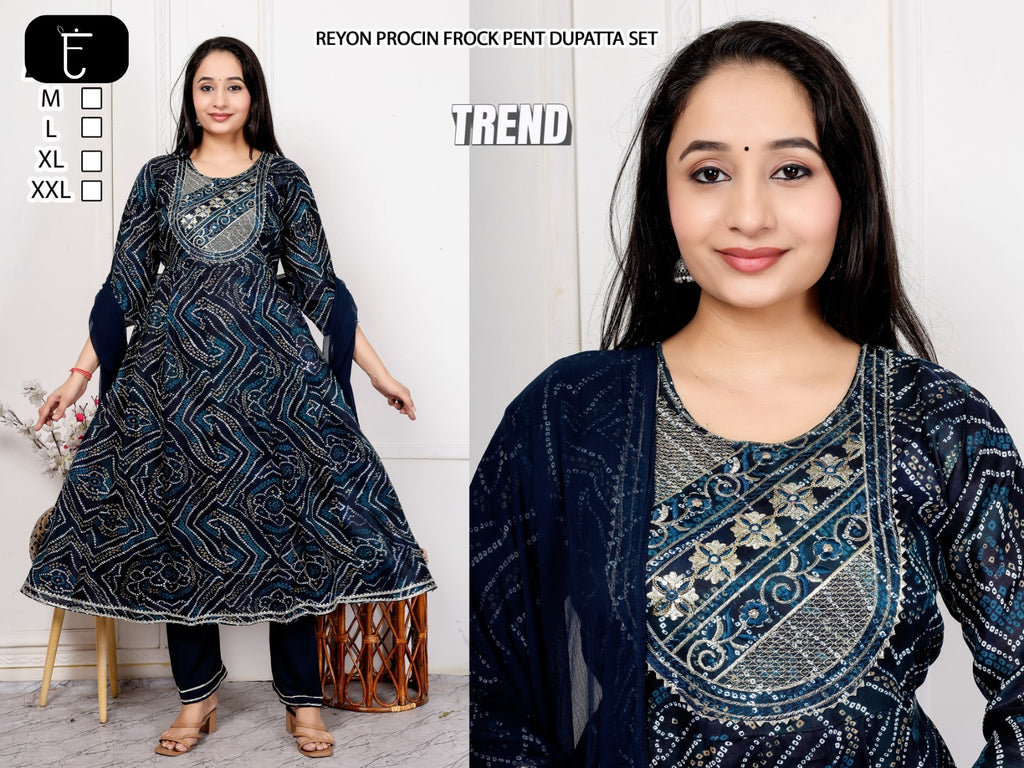 Premium Rayon Slub Procin Printed Frock Ethnic Combo Set 3pc