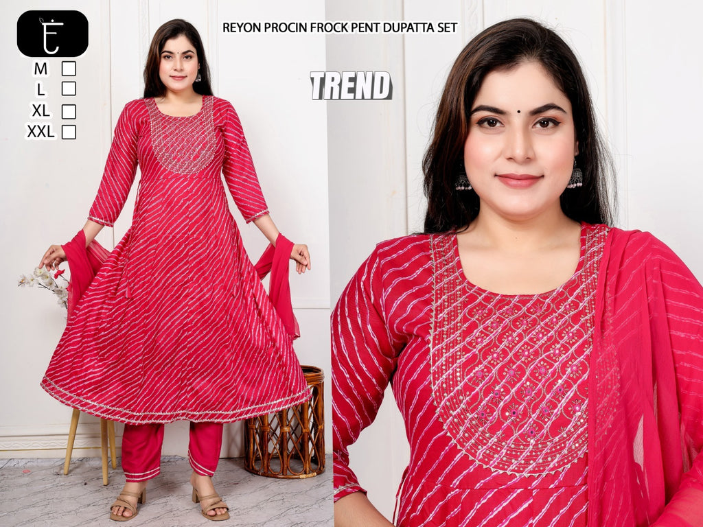 Premium Rayon Slub Procin Printed Frock Ethnic Combo Set 3pc
