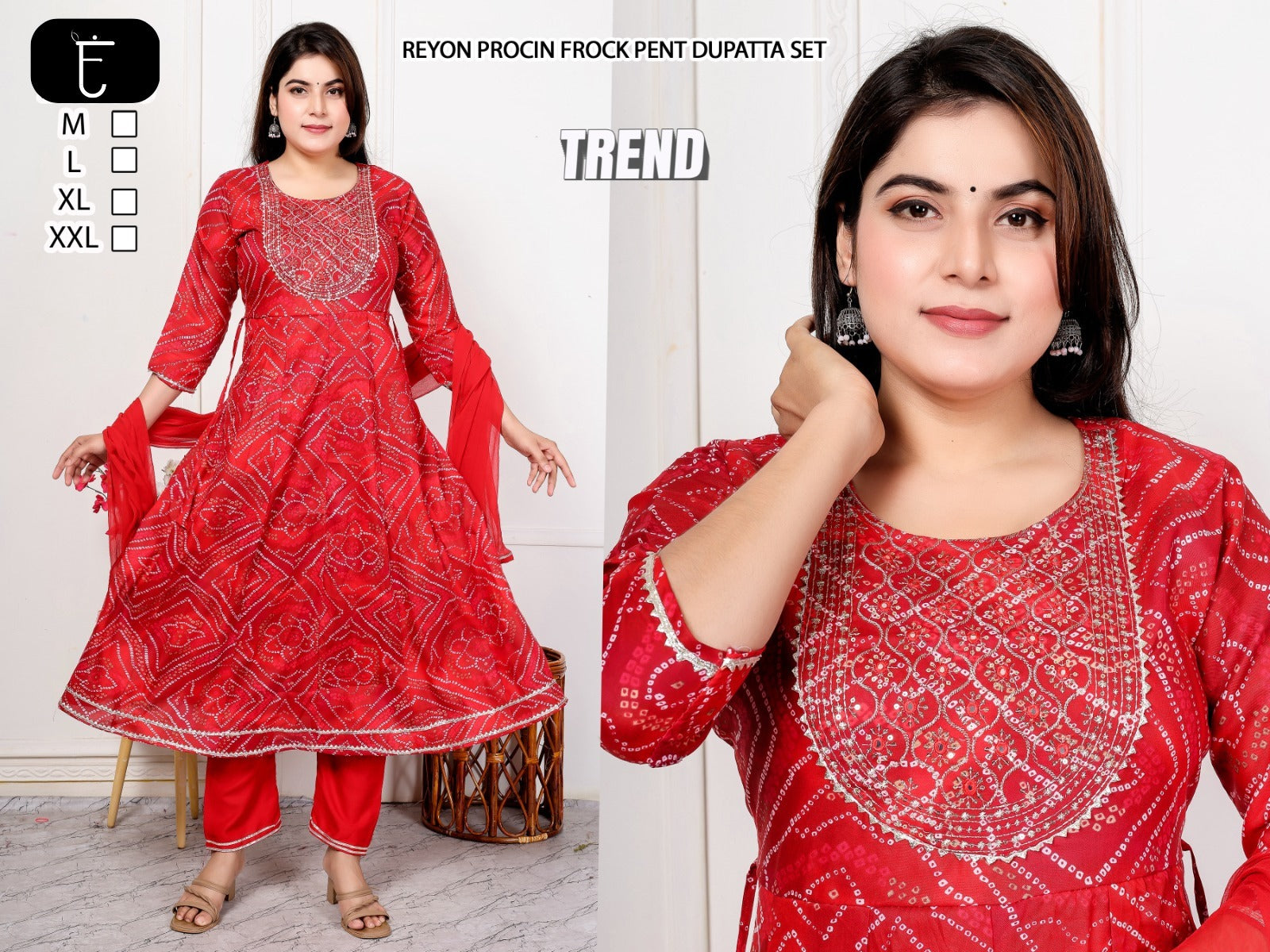 Premium Rayon Slub Procin Printed Frock Ethnic Combo Set 3pc