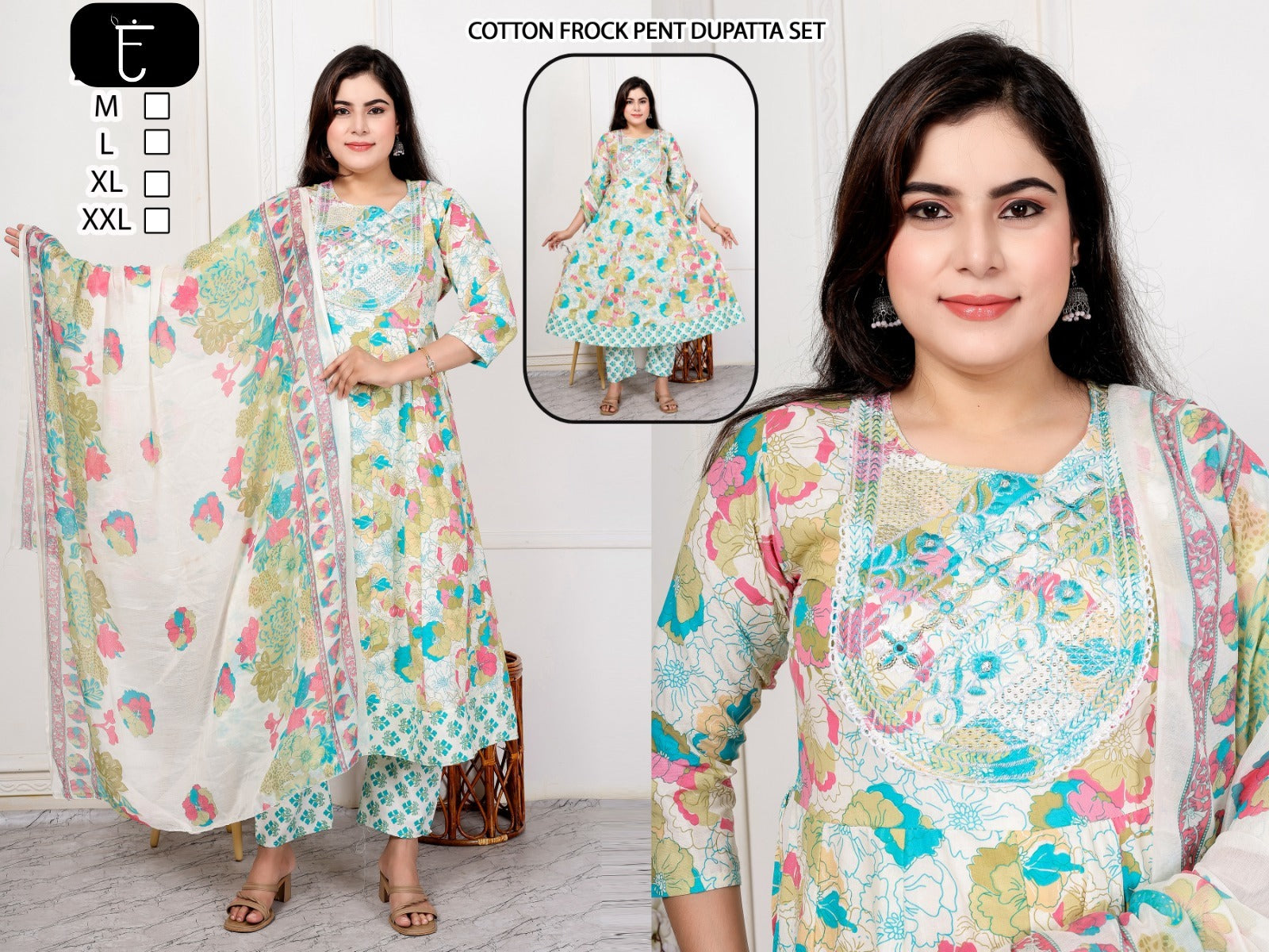 Premium Floral Cotton Frock Pant & Dupatta Ethnic Combo Set