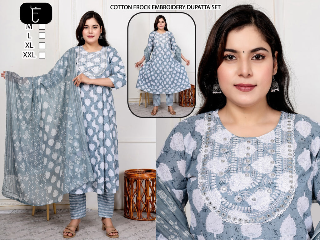 Premium Floral Cotton Frock Pant & Dupatta Ethnic Combo Set
