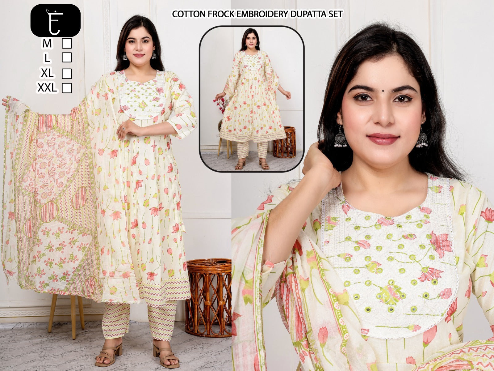 Premium Floral Cotton Frock Pant & Dupatta Ethnic Combo Set