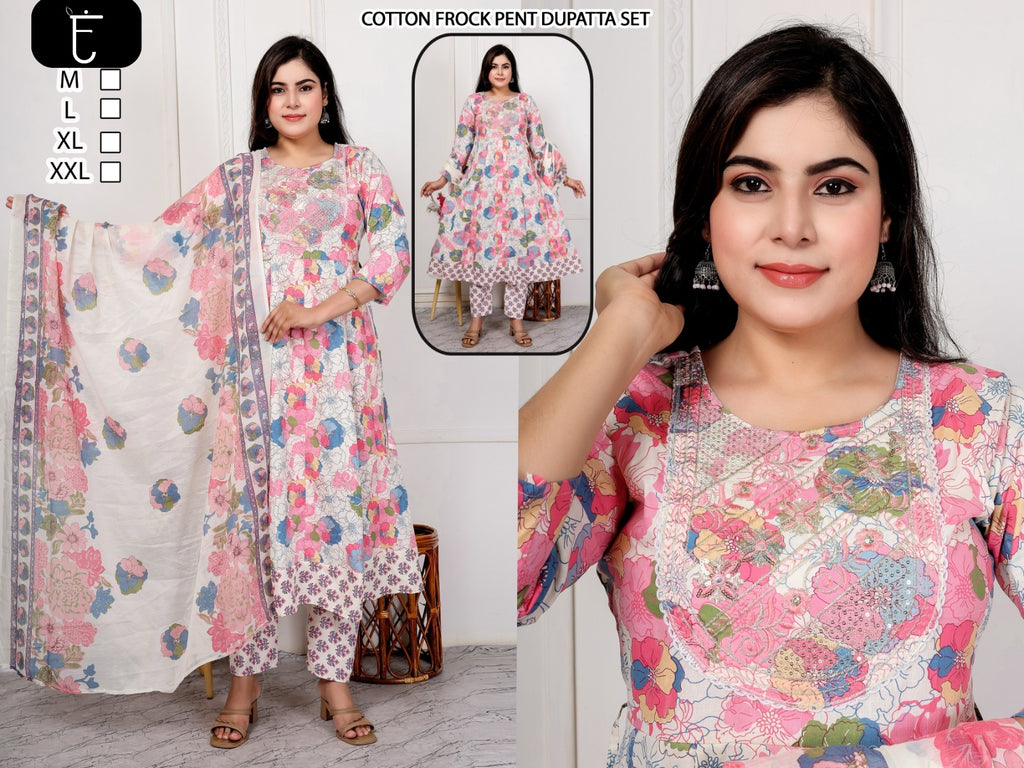 Premium Floral Cotton Frock Pant & Dupatta Ethnic Combo Set