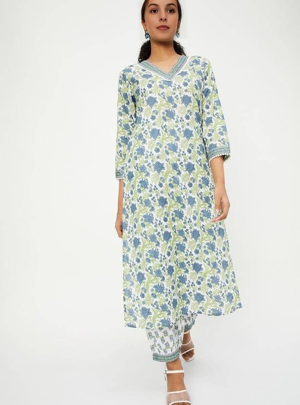 Premium Floral Printed Cotton 2-Piece Kurti Pant Set