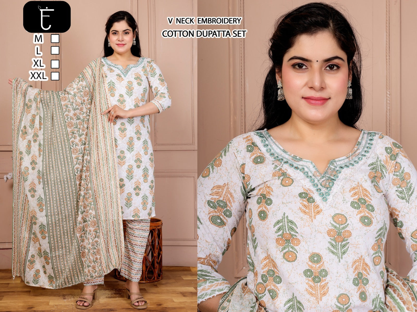 Elegant V-Neck Embroidered Cotton Dupatta Set 3pc