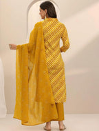 Vibrant Mustard Leheriya Printed Cotton Dupatta Set 3pc