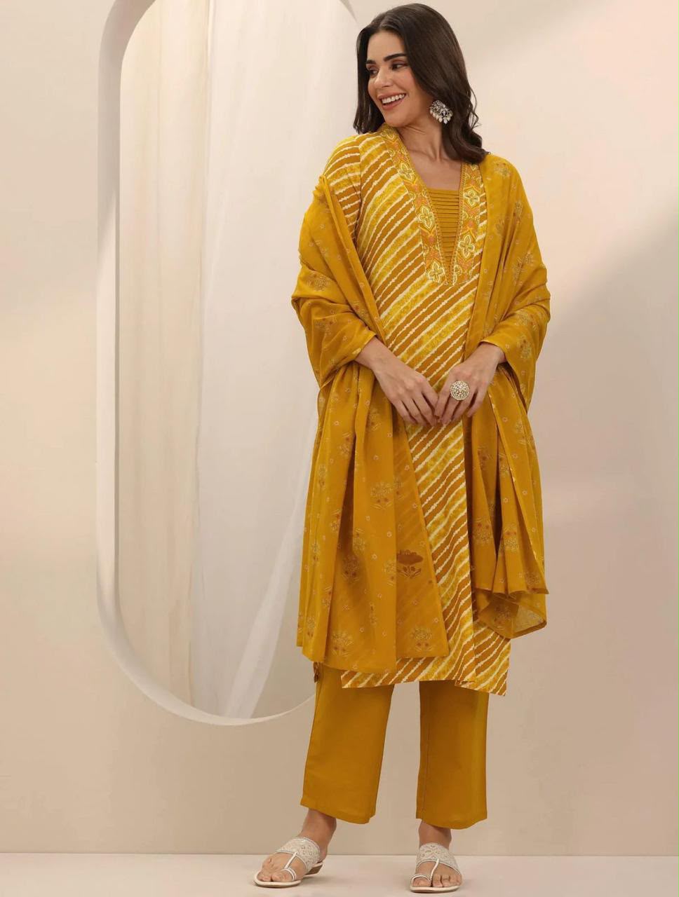 Vibrant Mustard Leheriya Printed Cotton Dupatta Set 3pc