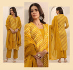 Vibrant Mustard Leheriya Printed Cotton Dupatta Set 3pc