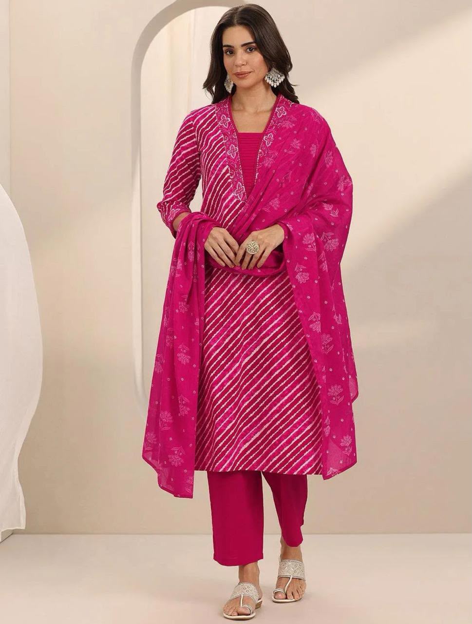 Vibrant Mustard Leheriya Printed Cotton Dupatta Set 3pc
