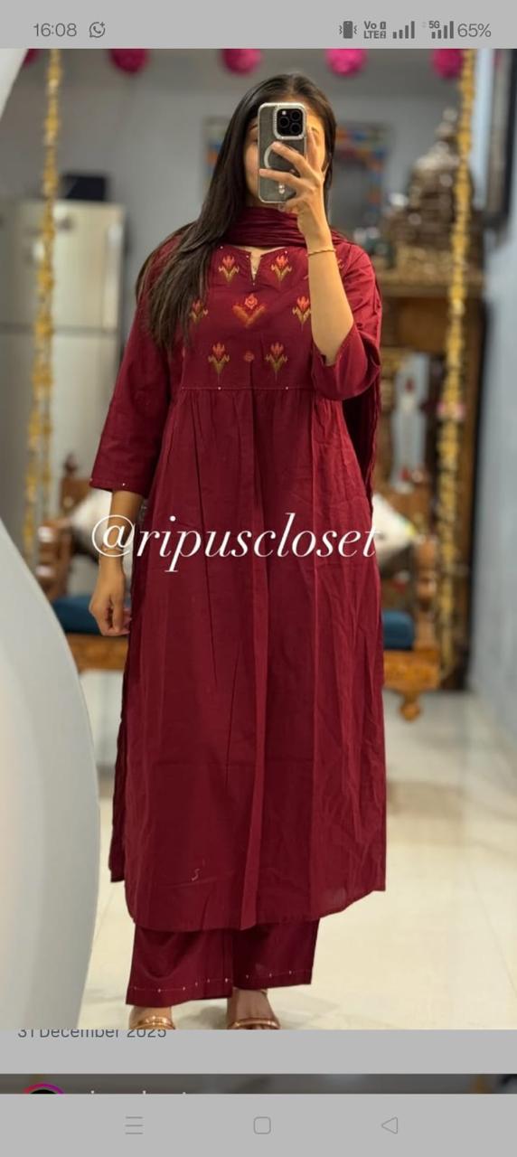 Elegant Wine Cotton 60*60 A-Line Kurti Pant Set 3pc