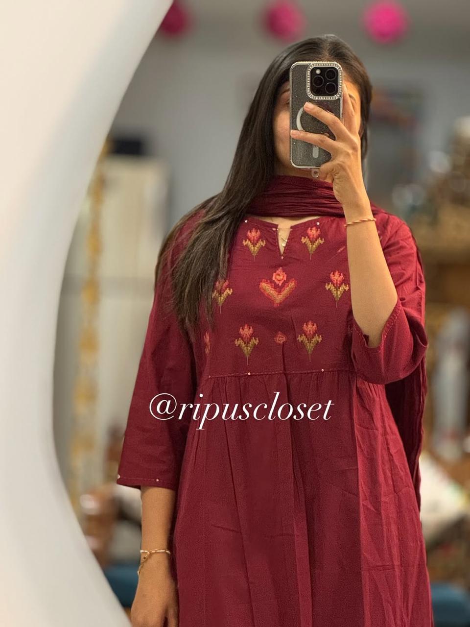 Elegant Wine Cotton 60*60 A-Line Kurti Pant Set 3pc