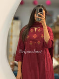 Elegant Wine Cotton 60*60 A-Line Kurti Pant Set 3pc