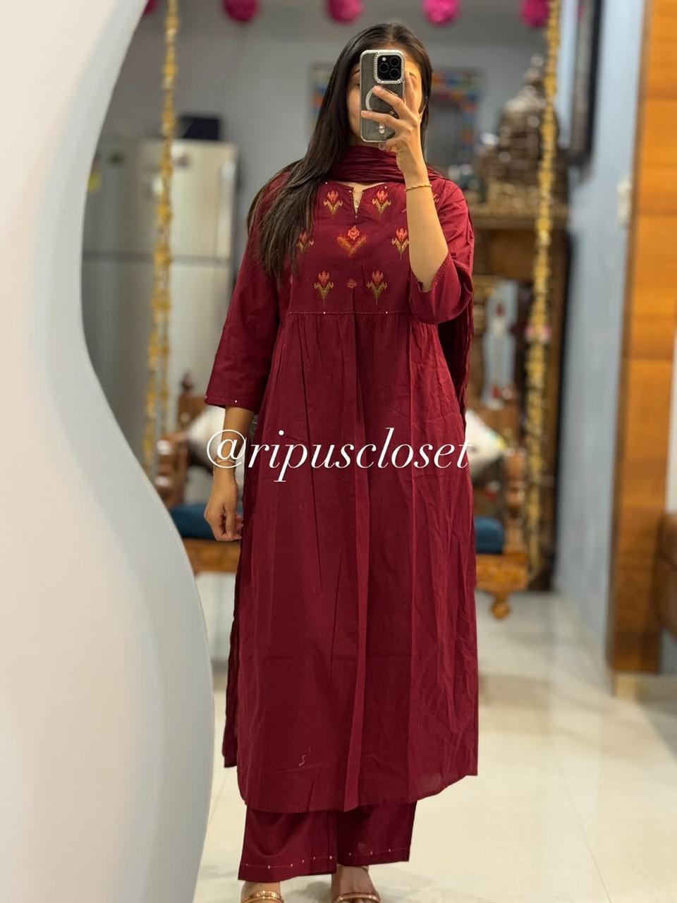 Elegant Wine Cotton 60*60 A-Line Kurti Pant Set 3pc