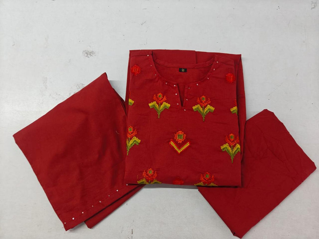 Elegant Wine Cotton 60*60 A-Line Kurti Pant Set 3pc