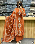 Chic Rust Orange Embroidered Cotton 60*60 Dupatta Set 3pc