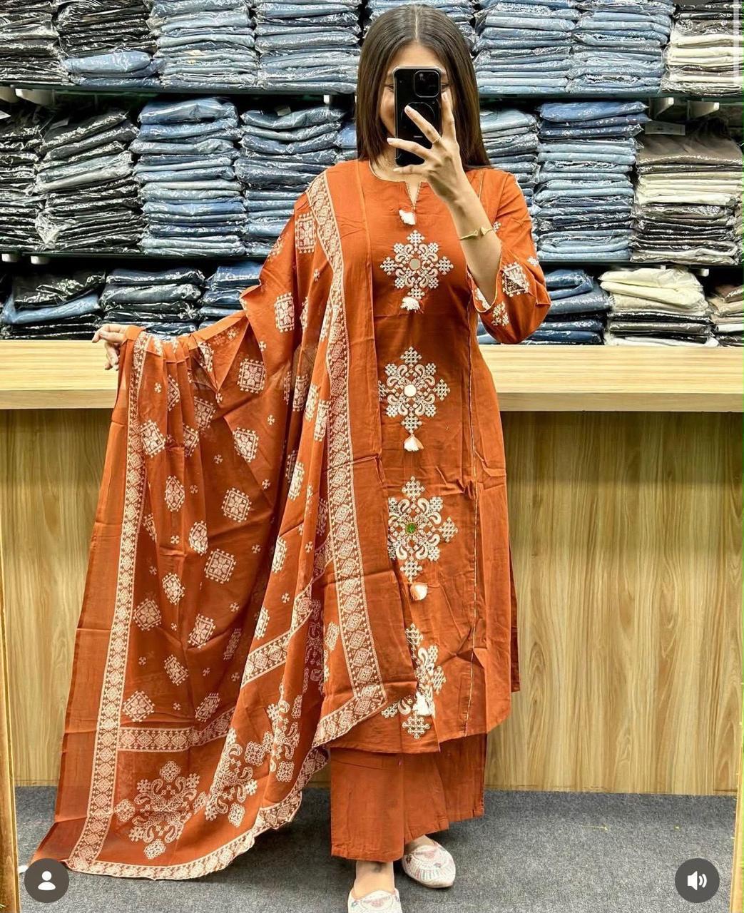 Chic Rust Orange Embroidered Cotton 60*60 Dupatta Set 3pc