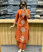 Chic Rust Orange Embroidered Cotton 60*60 Dupatta Set 3pc