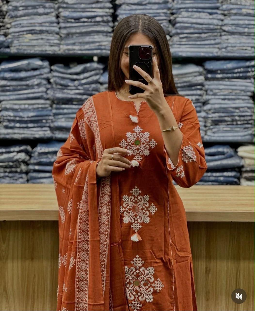 Chic Rust Orange Embroidered Cotton 60*60 Dupatta Set 3pc