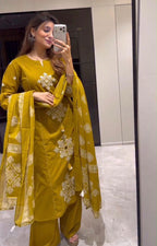 Chic Rust Orange Embroidered Cotton 60*60 Dupatta Set 3pc