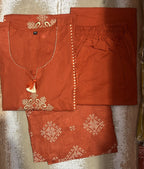 Chic Rust Orange Embroidered Cotton 60*60 Dupatta Set 3pc