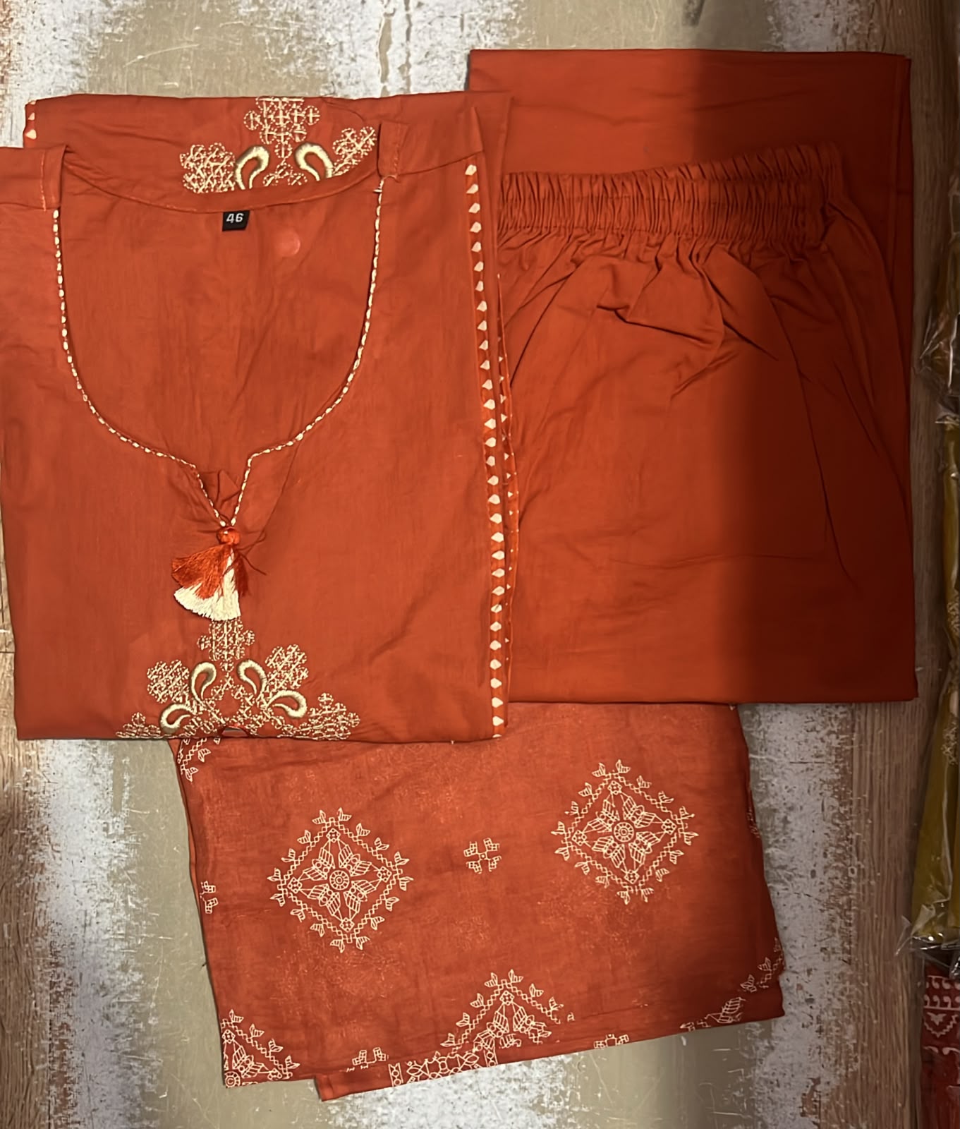 Chic Rust Orange Embroidered Cotton 60*60 Dupatta Set 3pc