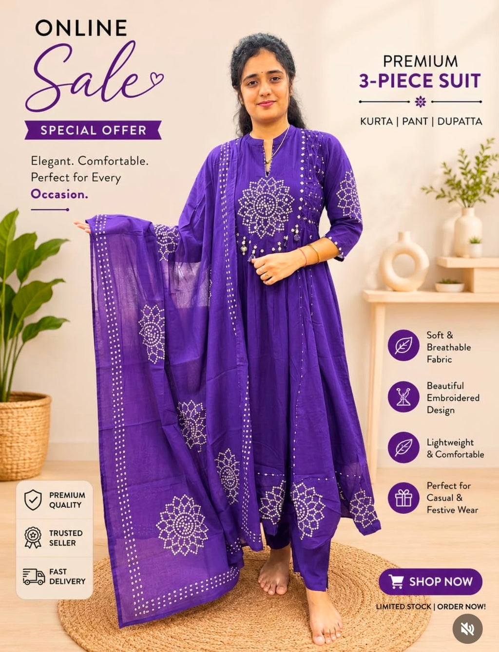 Premium Cotton 60-60 Embroidered 3pc Kurta Pant Dupatta Set