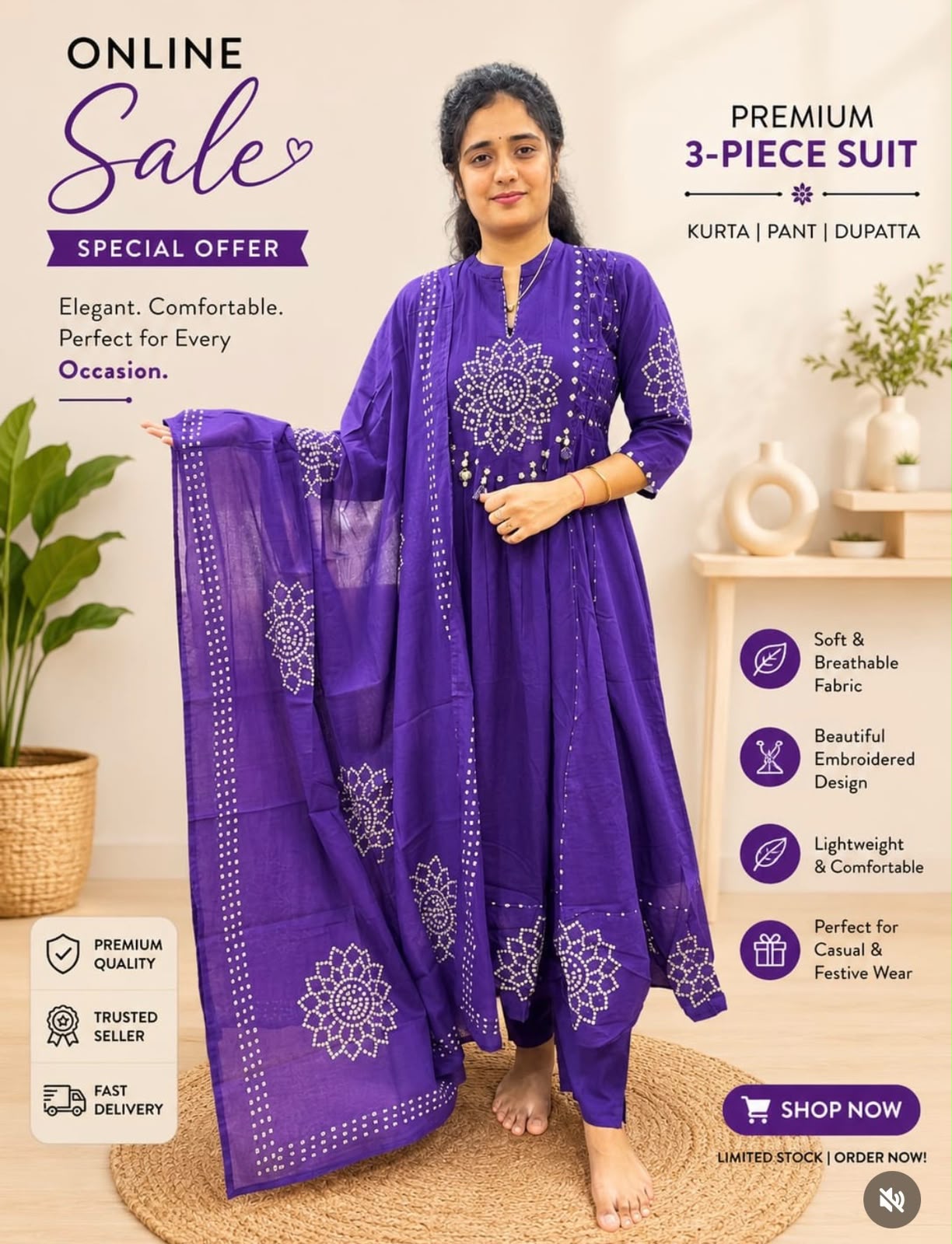 Premium Cotton 60-60 Embroidered 3pc Kurta Pant Dupatta Set