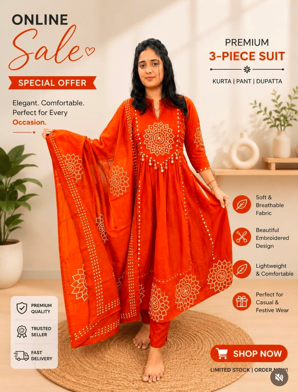 Premium Cotton 60-60 Embroidered 3pc Kurta Pant Dupatta Set