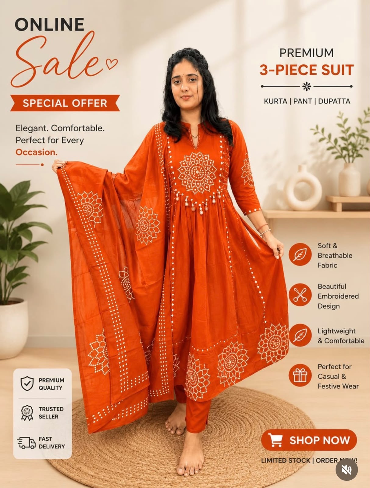 Premium Cotton 60-60 Embroidered 3pc Kurta Pant Dupatta Set