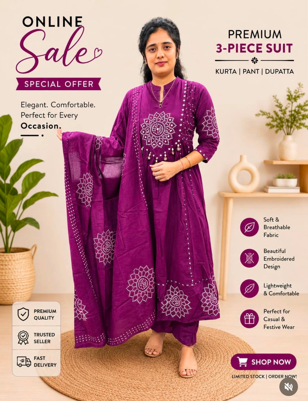 Premium Cotton 60-60 Embroidered 3pc Kurta Pant Dupatta Set