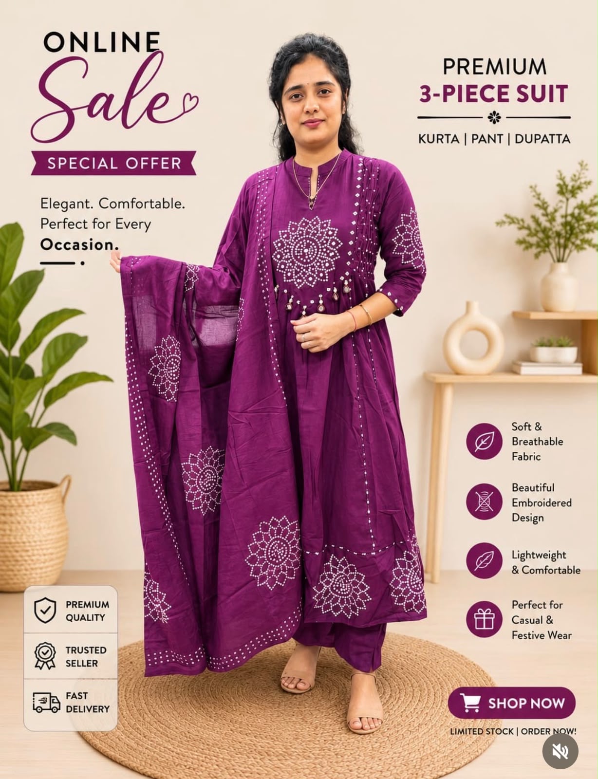Premium Cotton 60-60 Embroidered 3pc Kurta Pant Dupatta Set