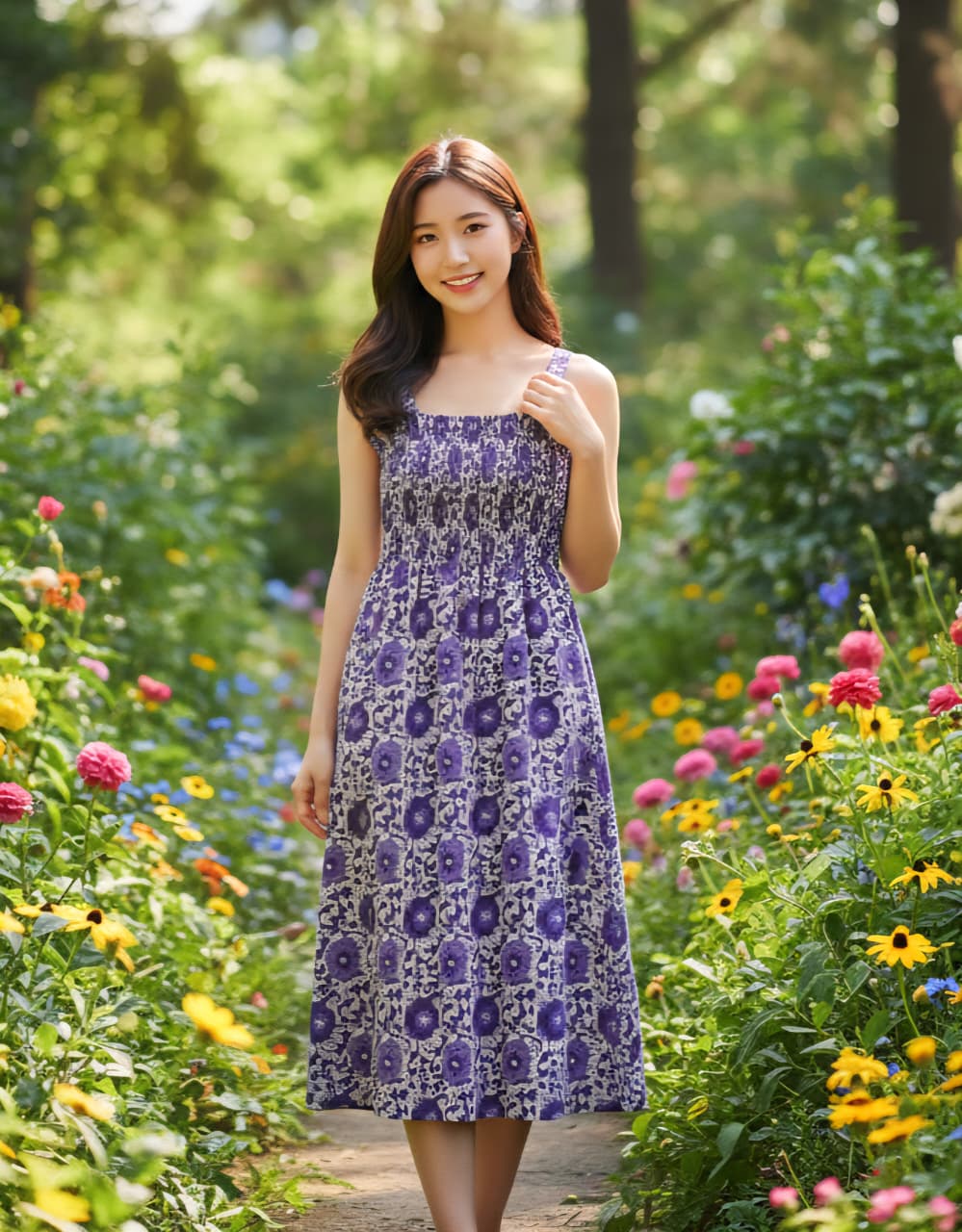 Floral Elegance Purple Smocked Midi Dress  fronk