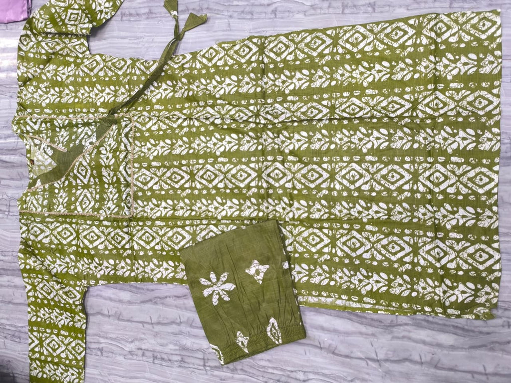 Olive Green Batik Print Two-Tone Angrakha Kurta