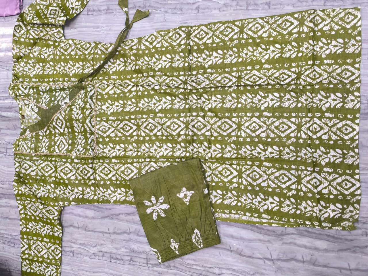Olive Green Batik Print Two-Tone Angrakha Kurta