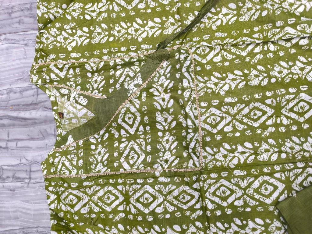 Olive Green Batik Print Two-Tone Angrakha Kurta