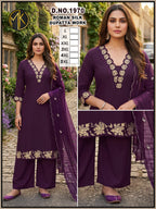 Roman Silk Floral Embroidery Kurta Set with Scalloped Dupatta 3pc