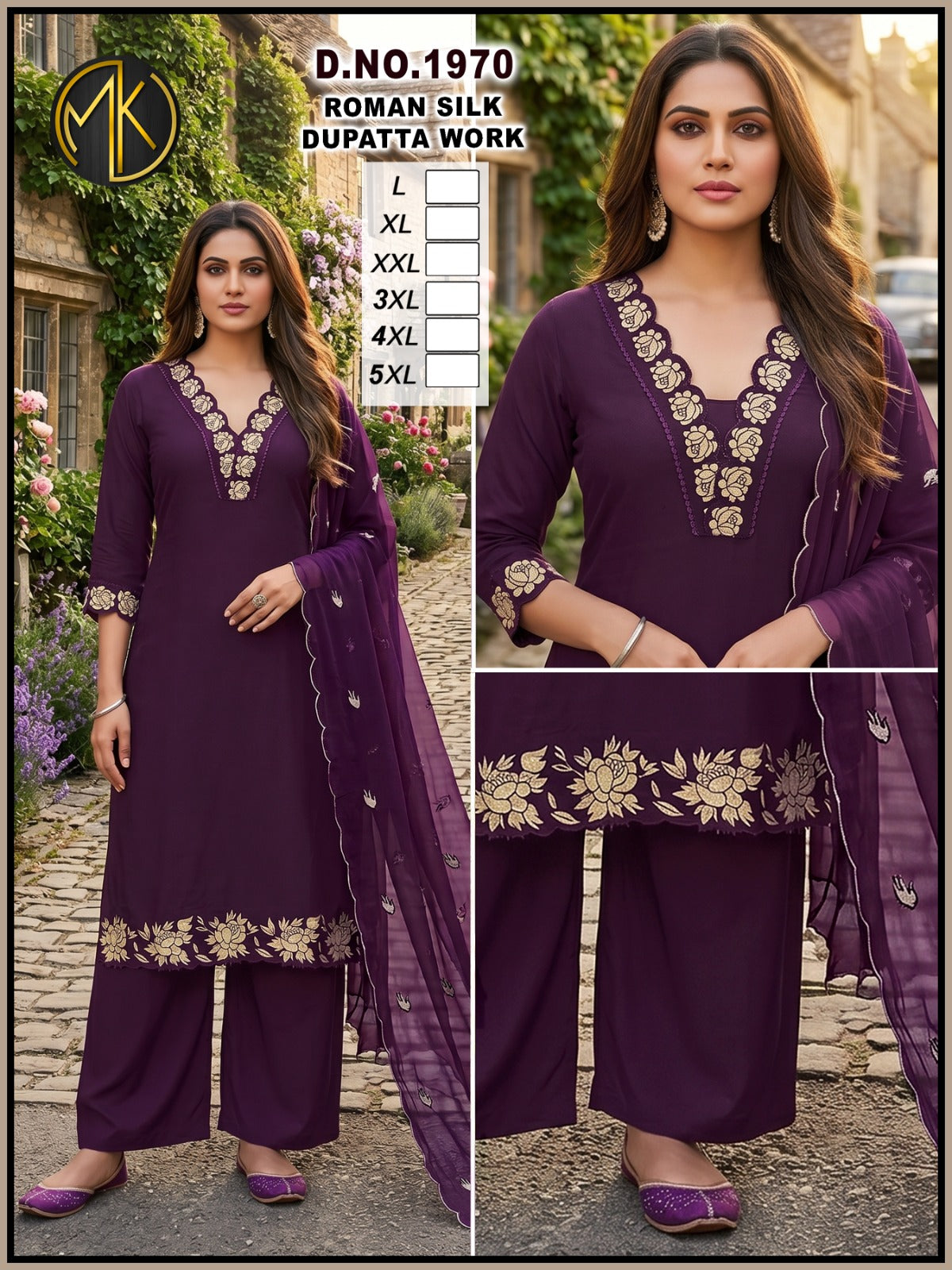 Roman Silk Floral Embroidery Kurta Set with Scalloped Dupatta 3pc