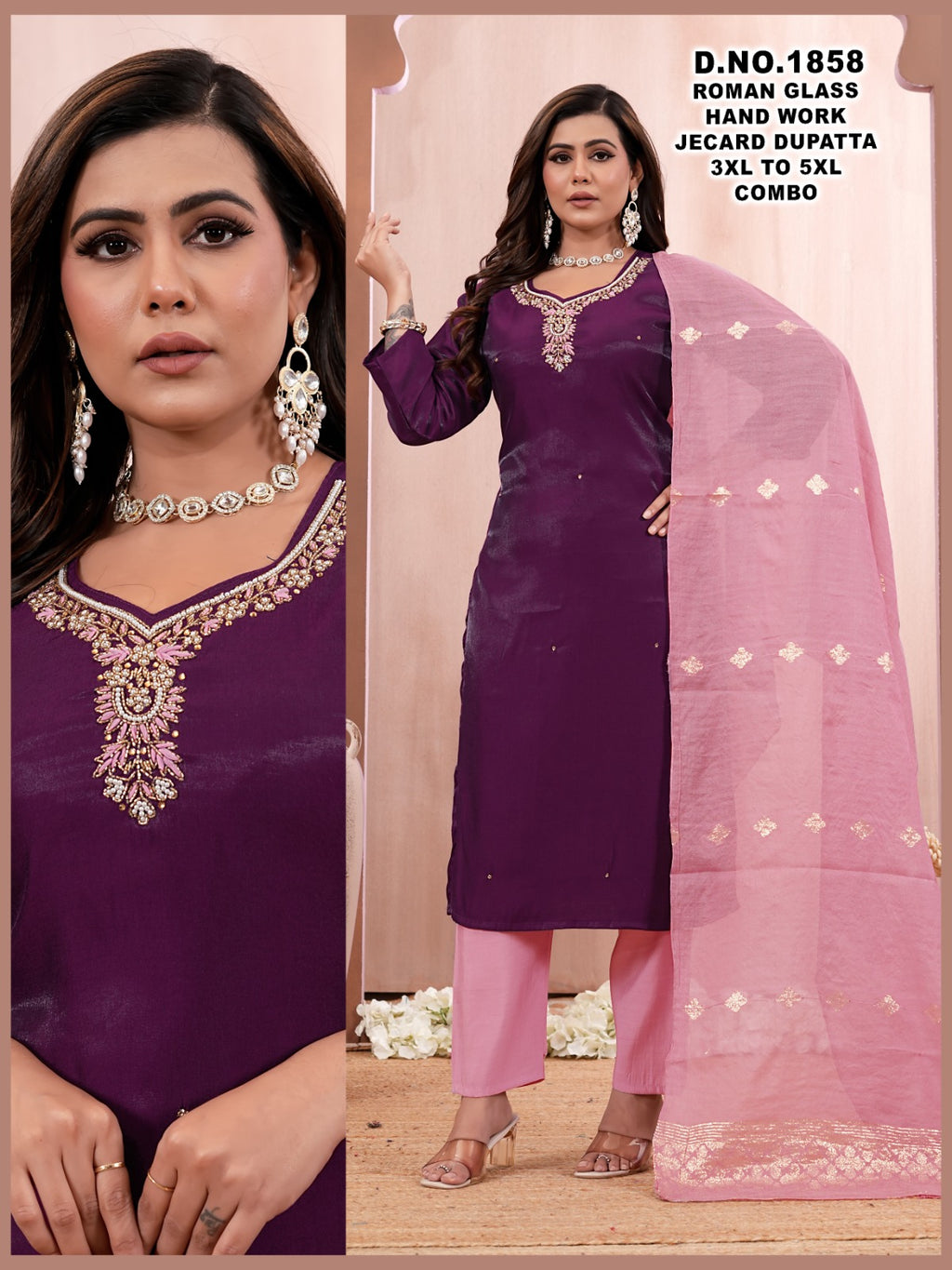 Roman Silk Floral Embroidery Kurta Set with Scalloped Dupatta 3pc