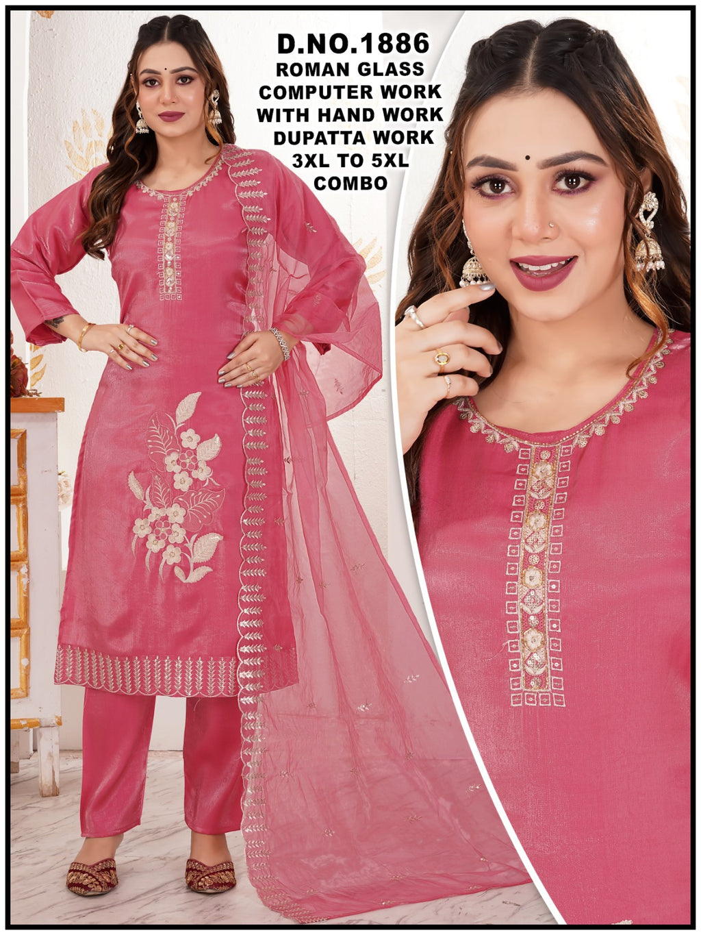 Roman Silk Floral Embroidery Kurta Set with Scalloped Dupatta 3pc
