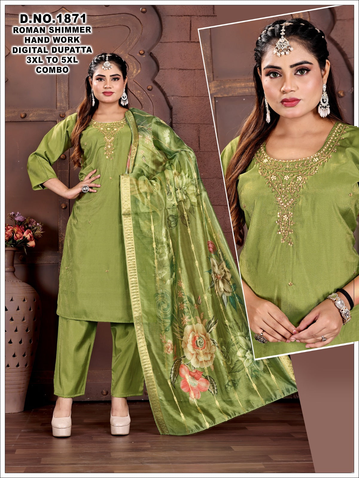 Roman Silk Floral Embroidery Kurta Set with Scalloped Dupatta 3pc