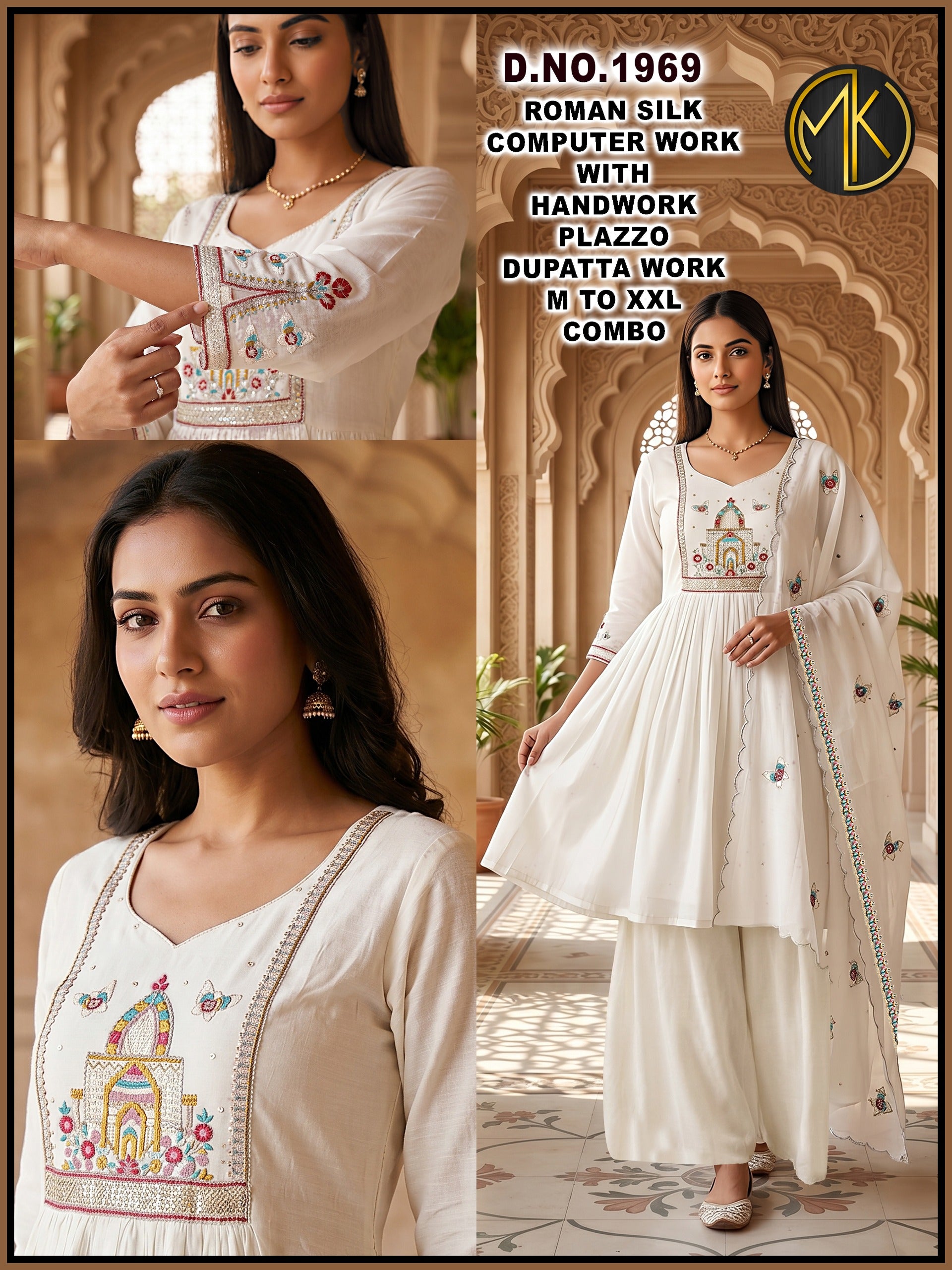Roman Silk Floral Embroidery Kurta Set with Scalloped Dupatta 3pc