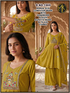 Roman Silk Floral Embroidery Kurta Set with Scalloped Dupatta 3pc