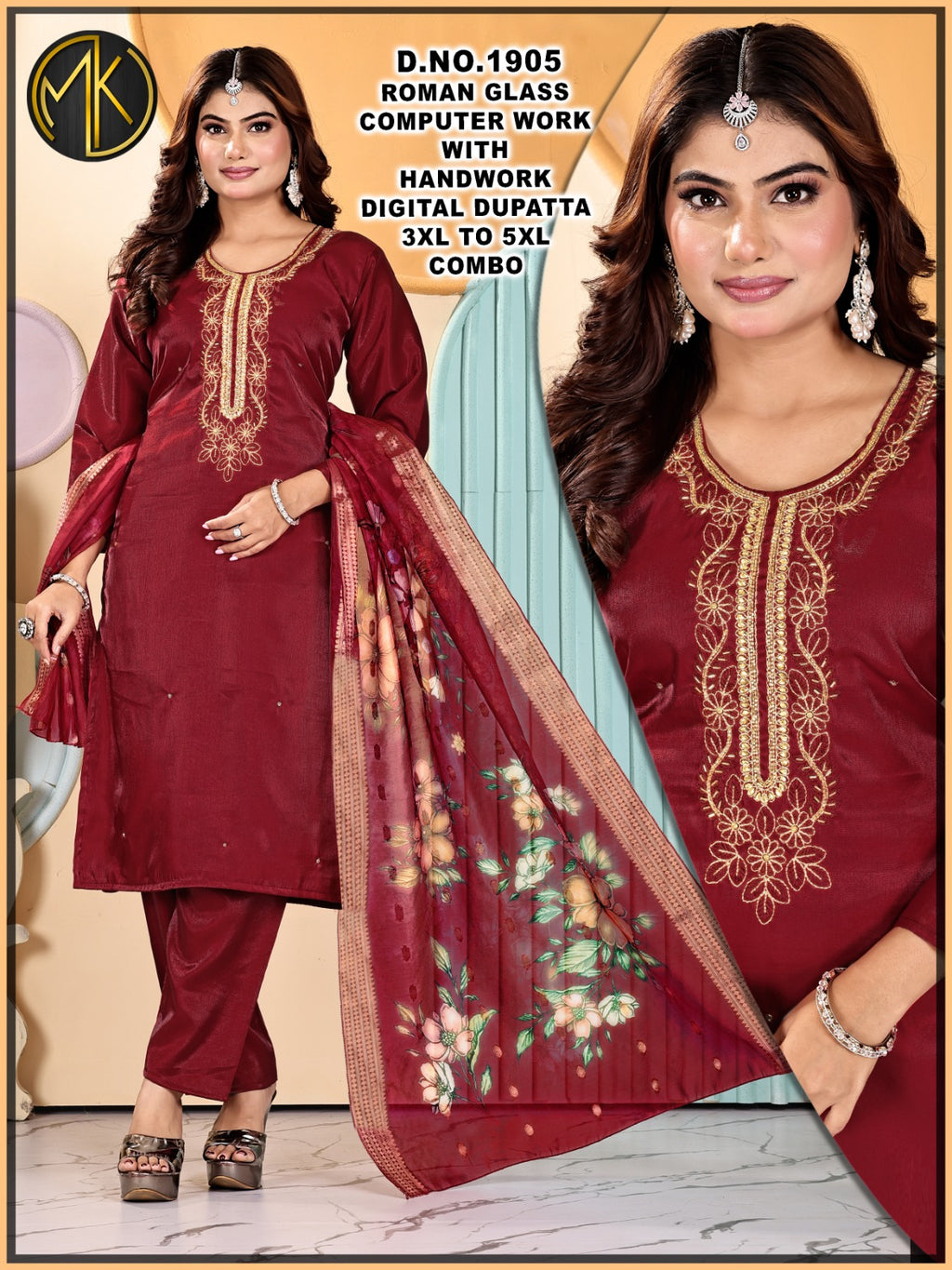 Roman Silk Floral Embroidery Kurta Set with Scalloped Dupatta 3pc
