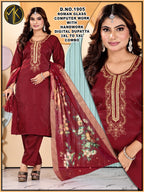 Roman Silk Floral Embroidery Kurta Set with Scalloped Dupatta 3pc