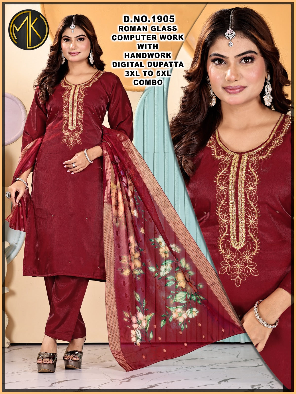Roman Silk computer Floral Embroidery Kurta Set with Scalloped Dupatta 3pc