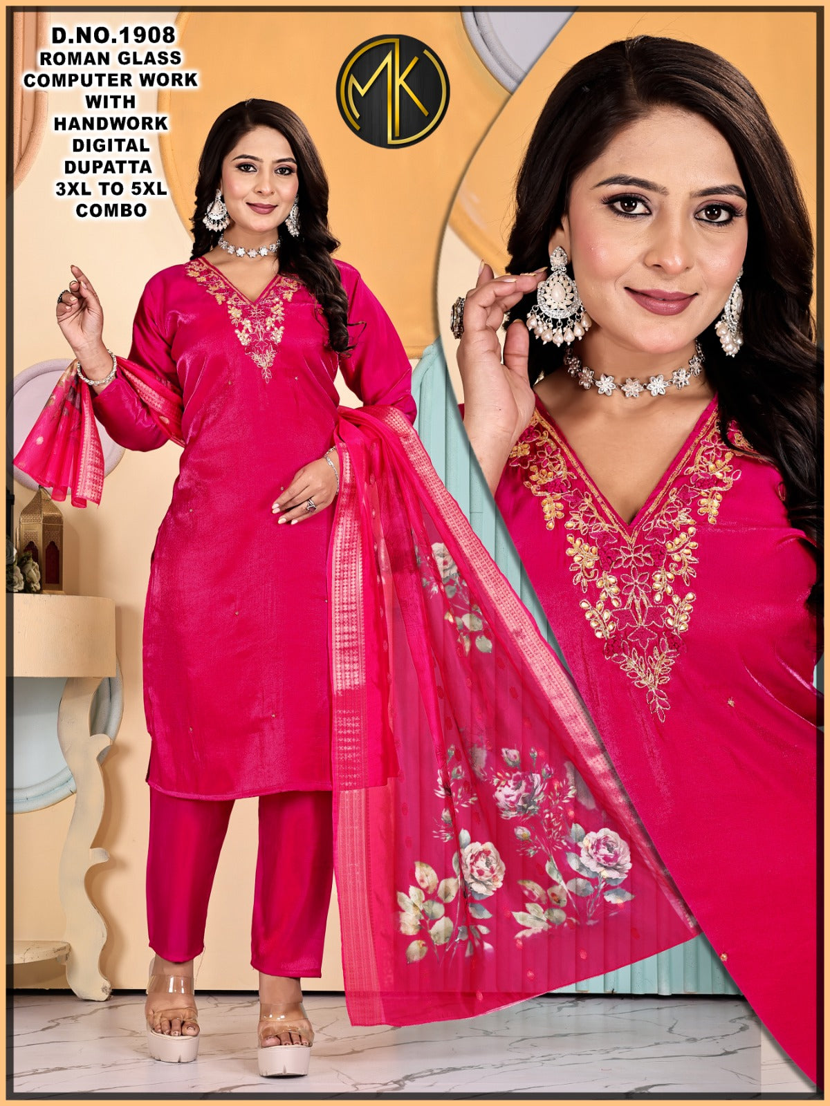 Roman Silk computer Floral Embroidery Kurta Set with Scalloped Dupatta 3pc