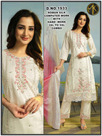 Roman Silk Floral Embroidery Kurta Set with Scalloped Dupatta 3pc
